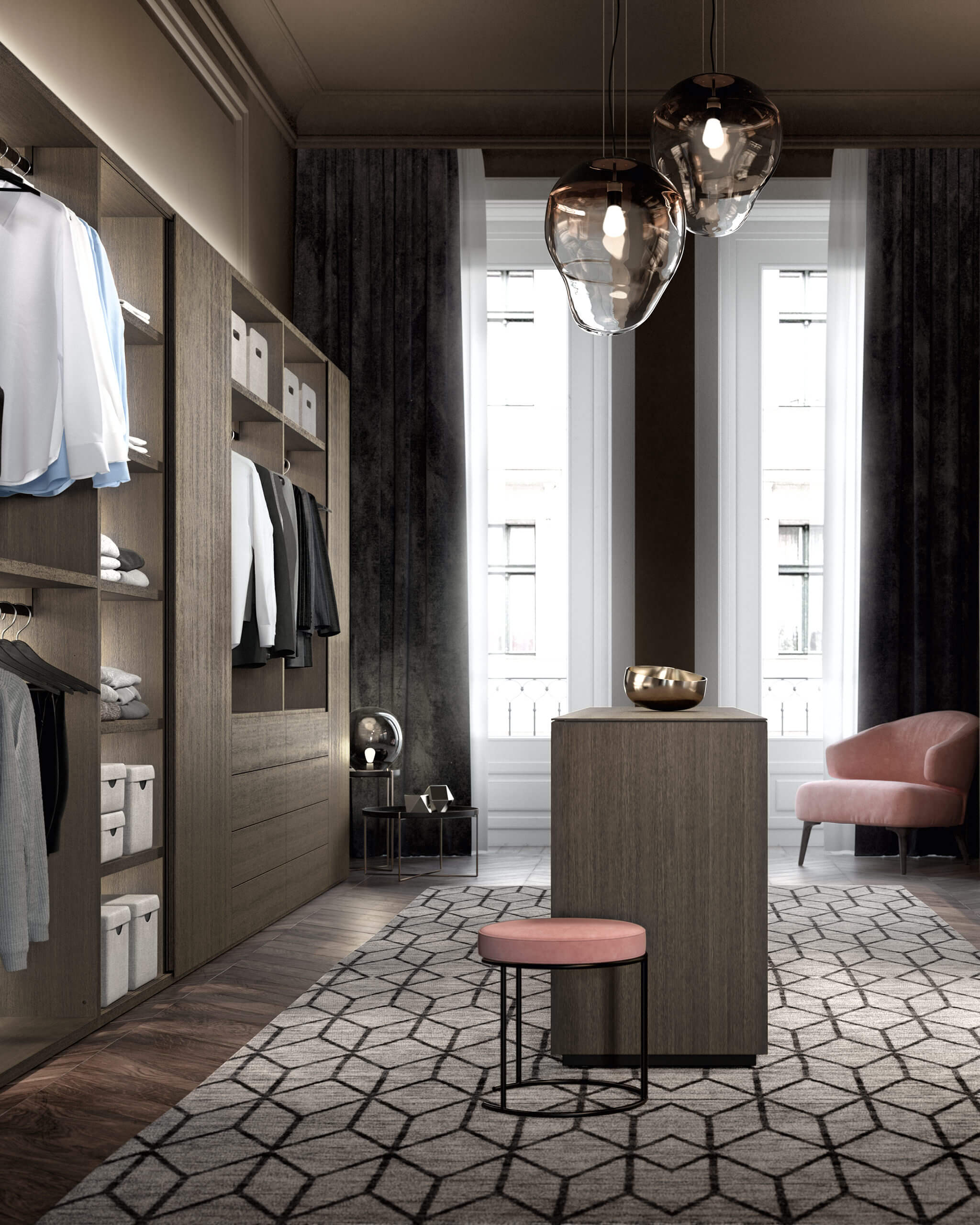 braungraue Schränke und Kommoden, rosa Sessel und Hocker - Wohnbereich, Ankleidezimmer, Teppich, Sessel, Kleiderschrank, Schrank - bühler einrichtungen in Friesenheim bei Offenburg zwischen Karlsruhe und Freiburg